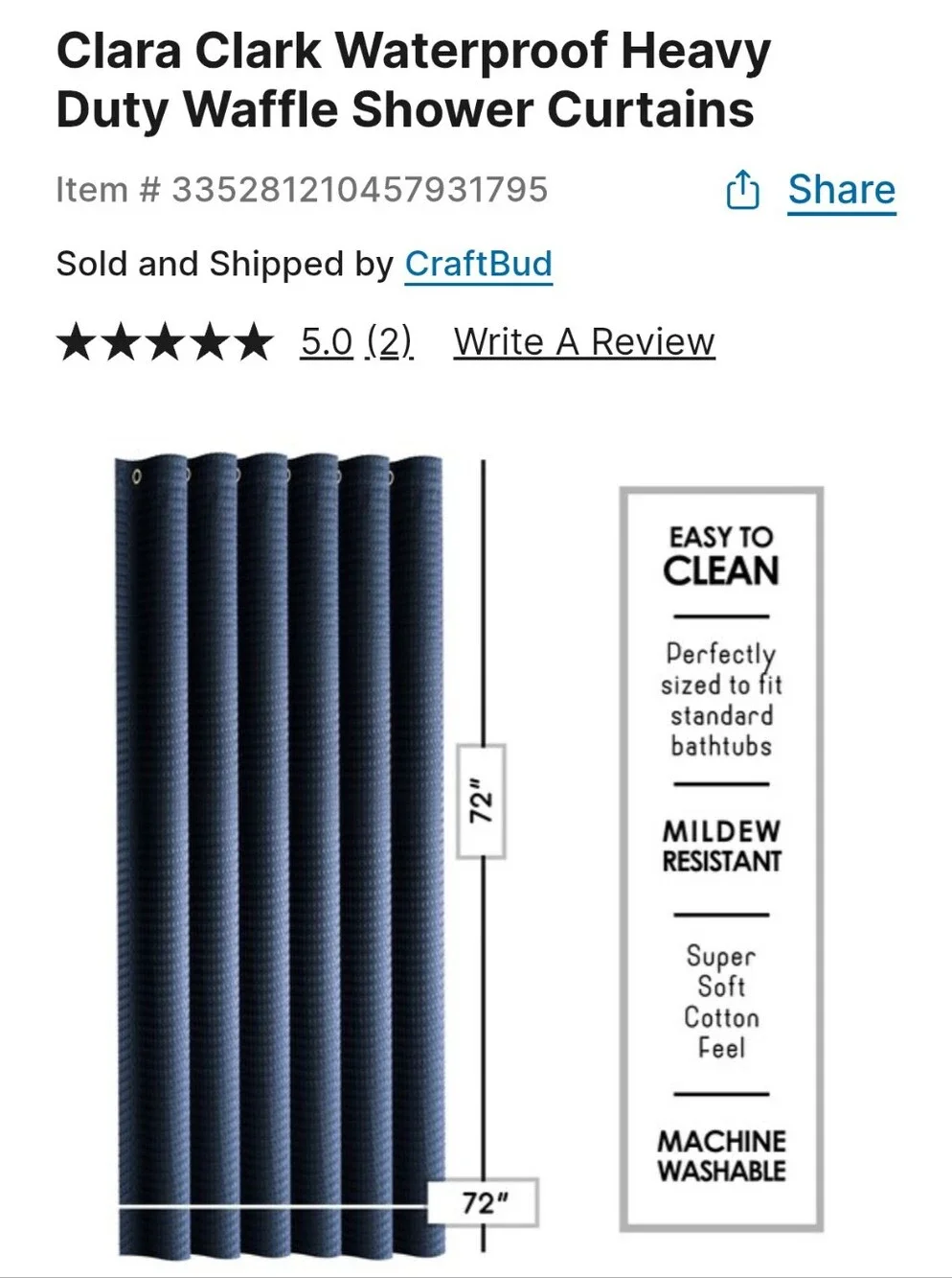 Clara Clark Waterproof Heavy Duty Waffle Shower Curtain Royal Navy Blue 72